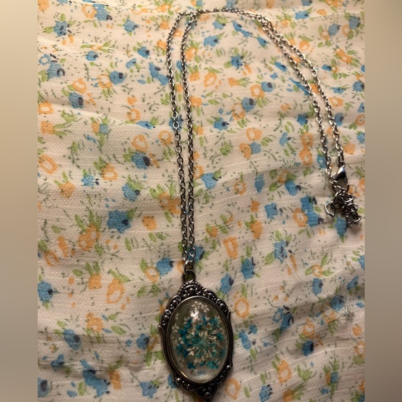 Blue Dried Flower Pendant Necklace - Picture 2 of 4